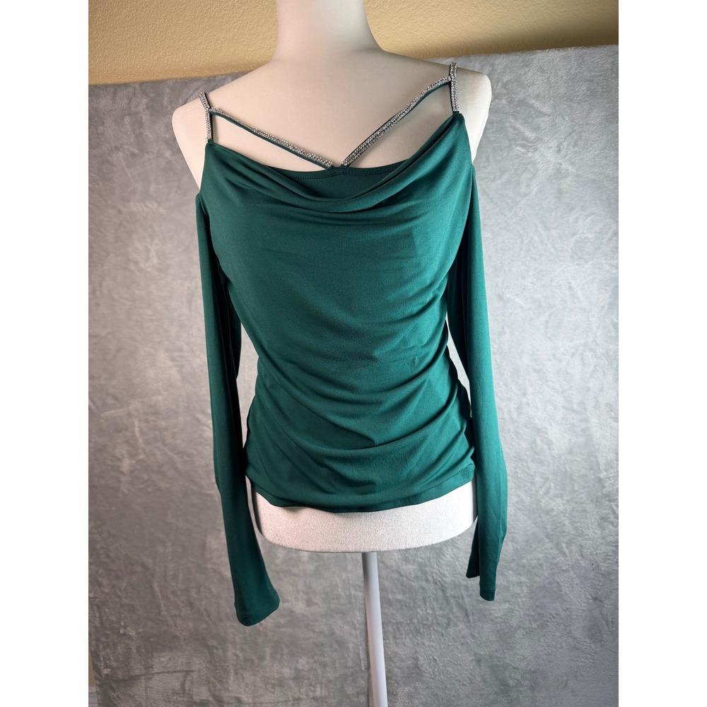 VENUS Cowl Neck Top Womens S Green Rhinestone Strap Cold Shoulder Stretch YEK